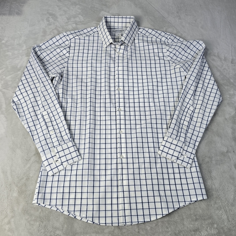 Mizzen + Main Plaid Button-Up Shirt Mens Medium White Blue Trim Long Sleeve